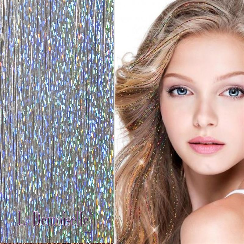 FashionGirl | Bling Silver glitter hair Extensions 100 pcs glitter hair  strand 80 cm - silver